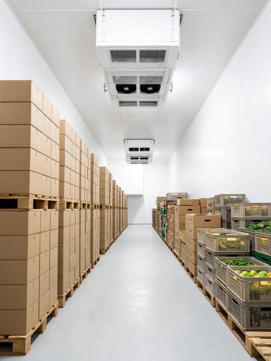 Tall bright cold room aisle with gaps between food pallets and evaporators overhead