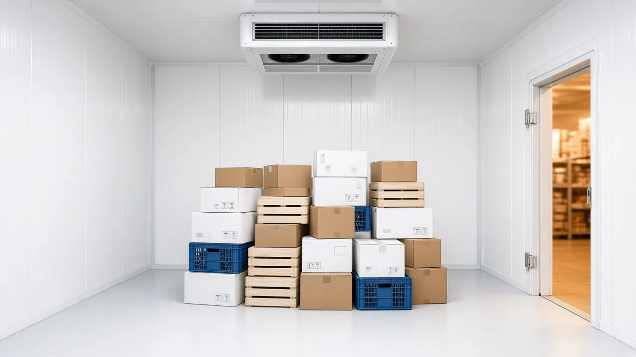Bright food cold room with packaged products, an open doorway and a ceiling evaporator