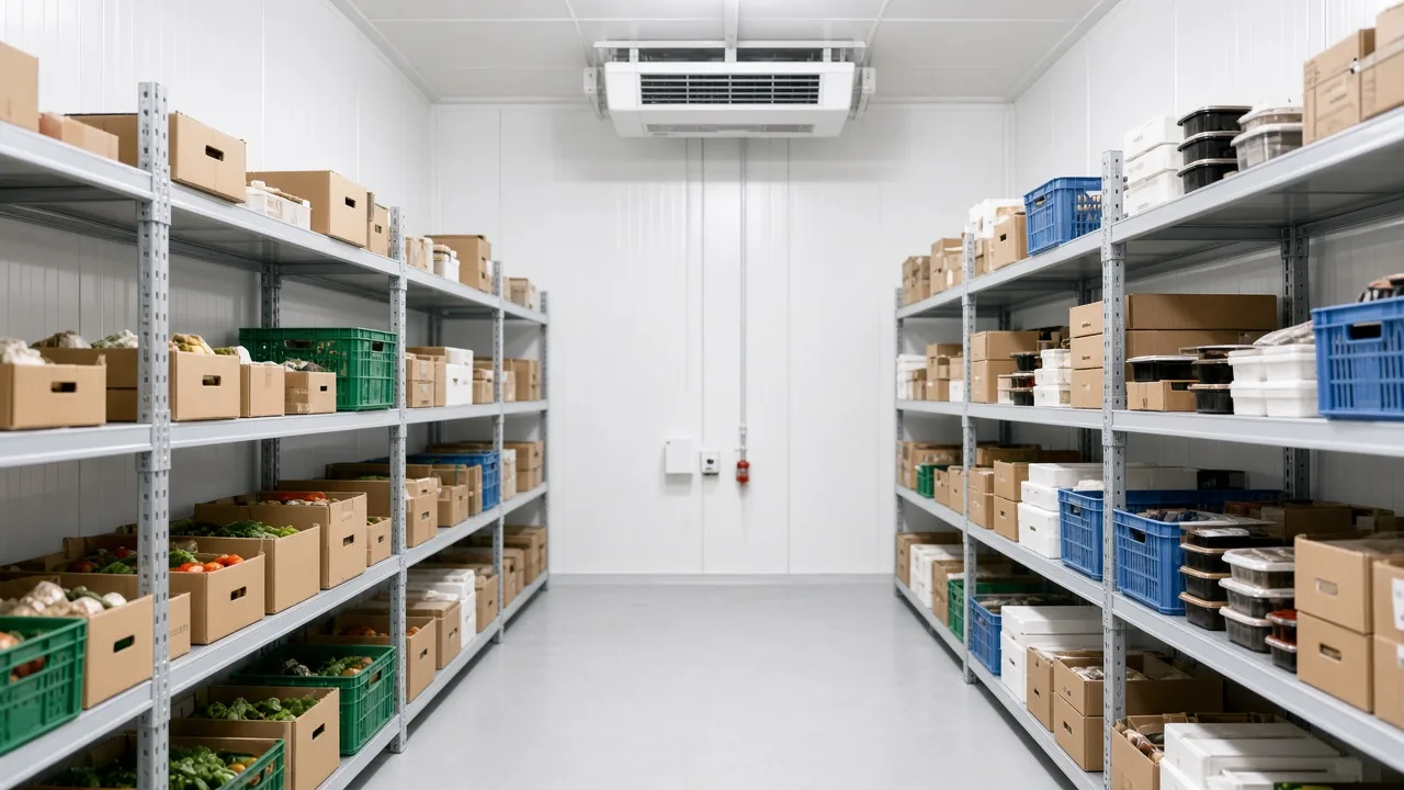 Bright food storage room with insulated panels, airflow and palletized product
