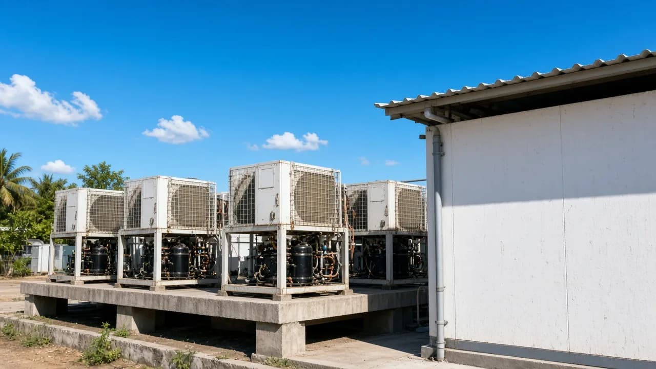 Outdoor refrigeration plant beside a food cold room under a bright hot Indian sky