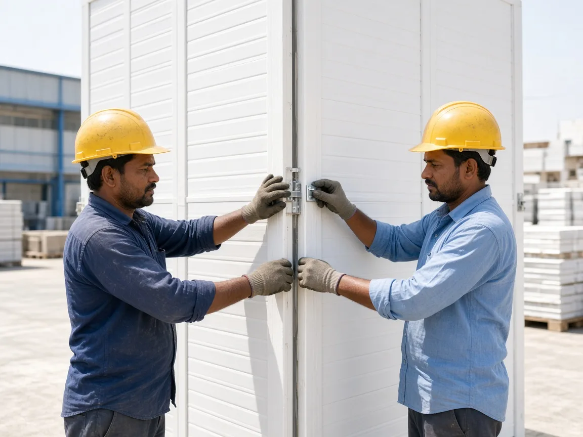 Workers locking bright white insulated panels together in a factory yard
