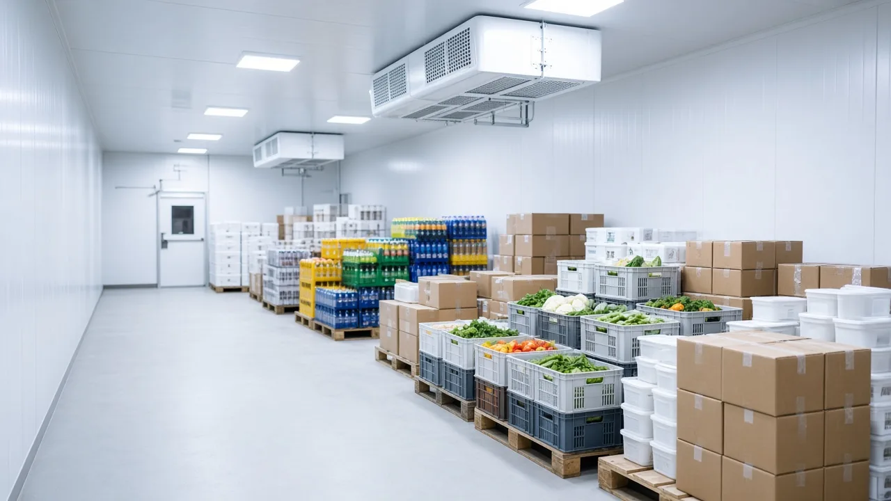 Bright chilled food and beverage warehouse aisle with cartons, crates and ceiling evaporators