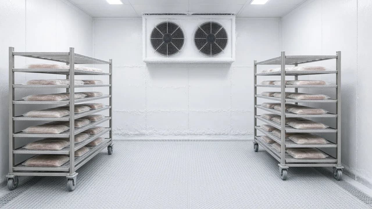 Bright blast freezer interior with spaced food packs and circulation fans