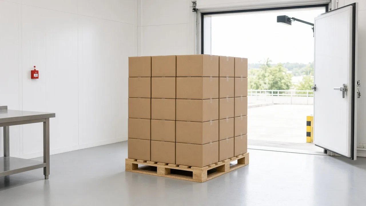 Bright dispatch zone with palletized food staged beside a cold room door