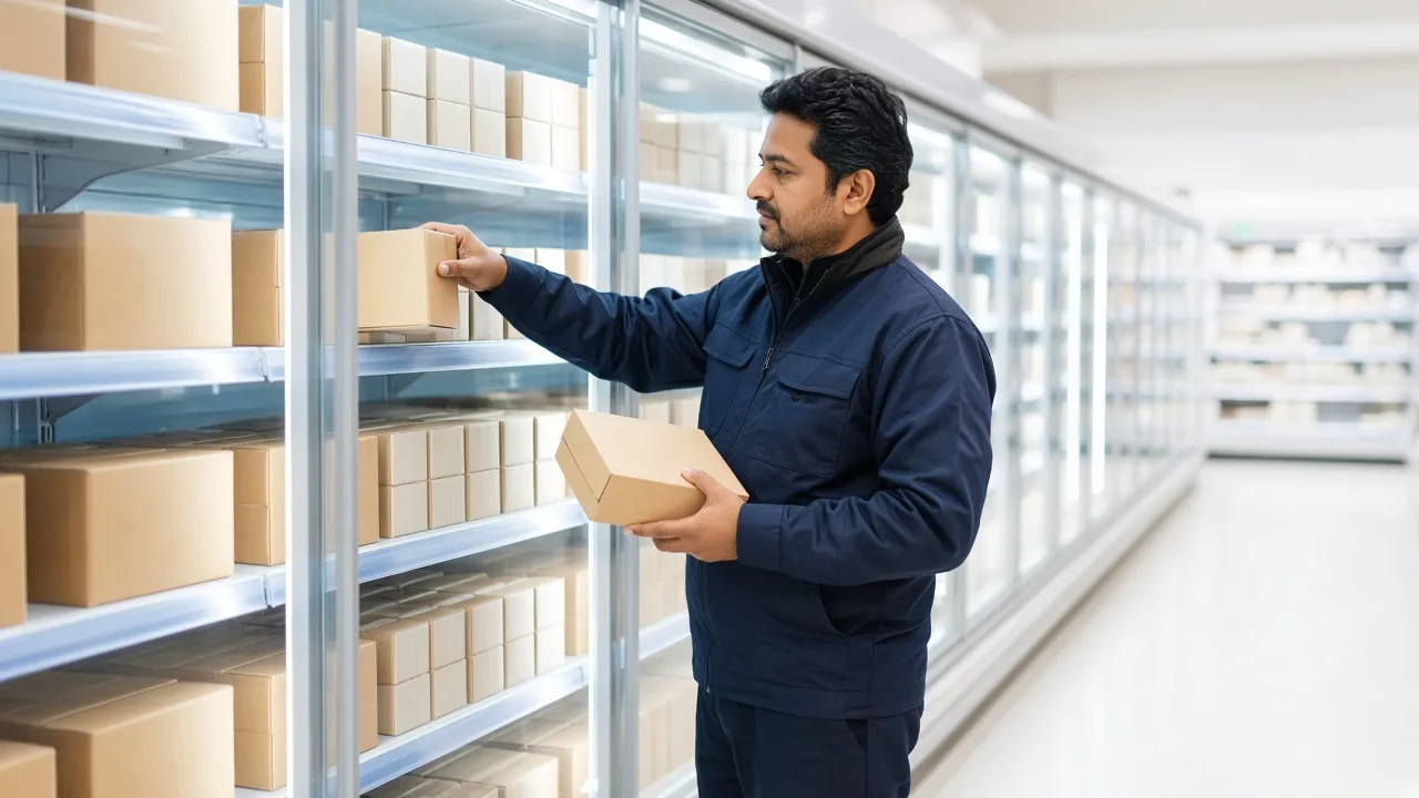Worker picking food cartons from a bright refrigerated rack