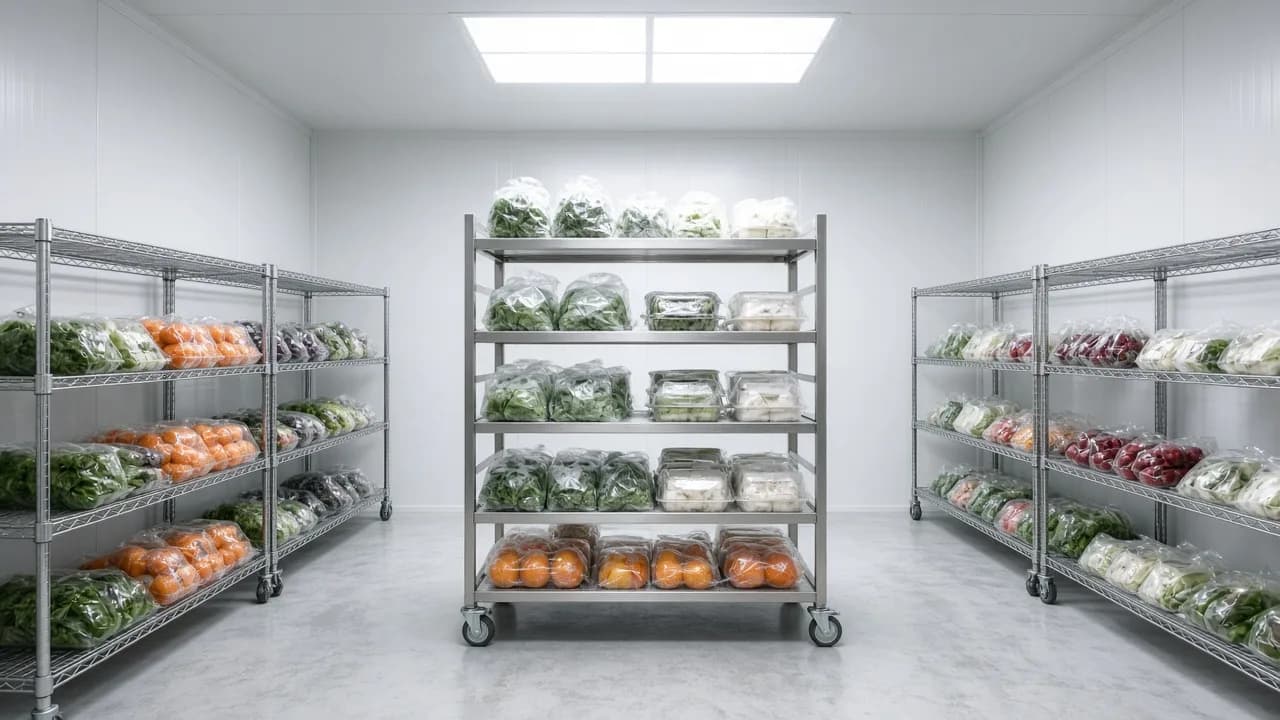 Bright chill room with food on open racks during pre cooling