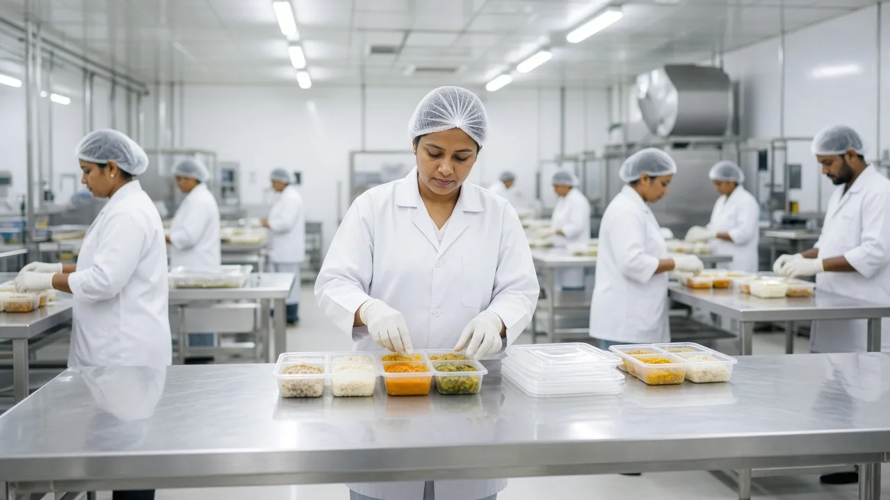 Bright food processing room with workers packing prepared meals