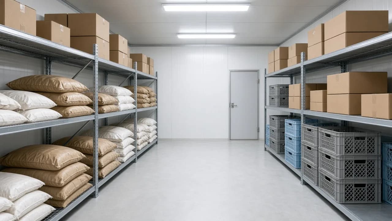 Bright ingredient cold room with sacks, cartons and crates on racks