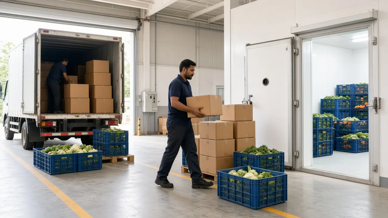 Bright receiving dock where food cartons and crates are moved into a cold room