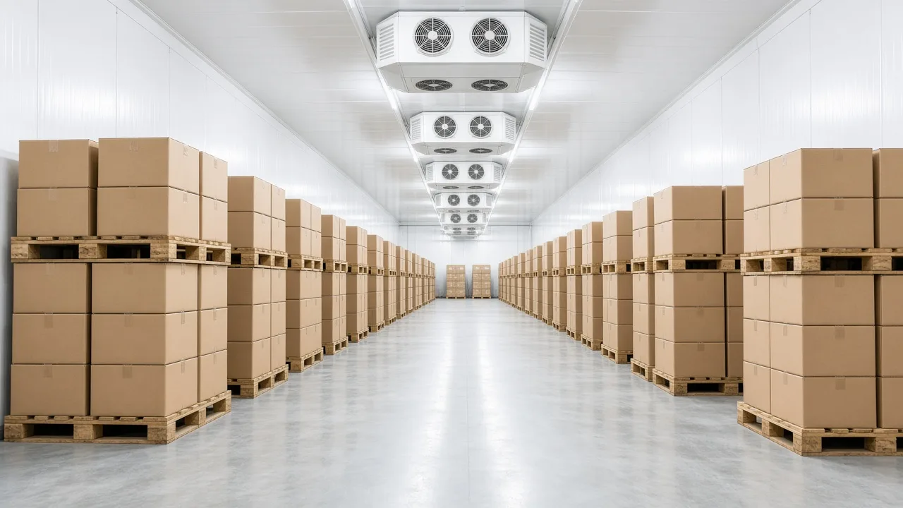 Bright cold storage aisle with food cartons on pallets under evaporators