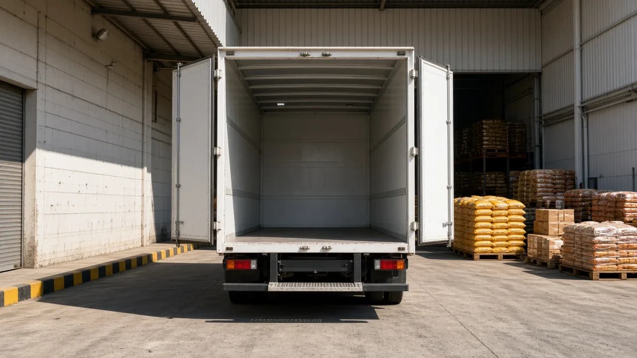 White refrigerated truck at a bright food warehouse dock with pallets ready to load