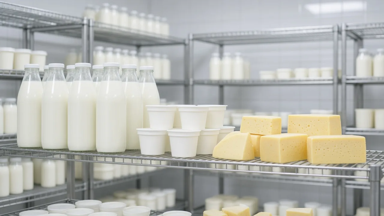 Plain milk crates, curd cups and cheese blocks in a bright chilled room