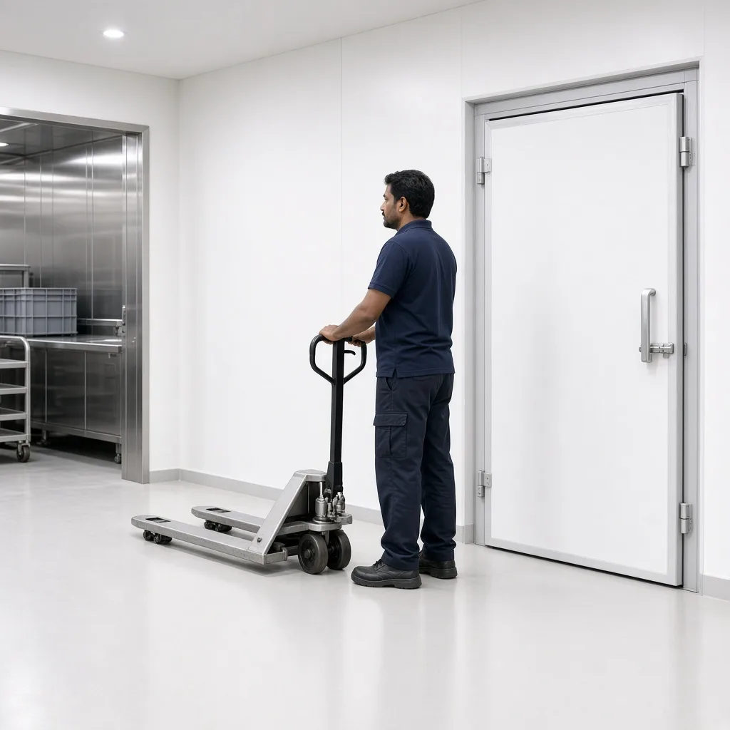 Bright ante room between a food loading area and a heavy cold room door
