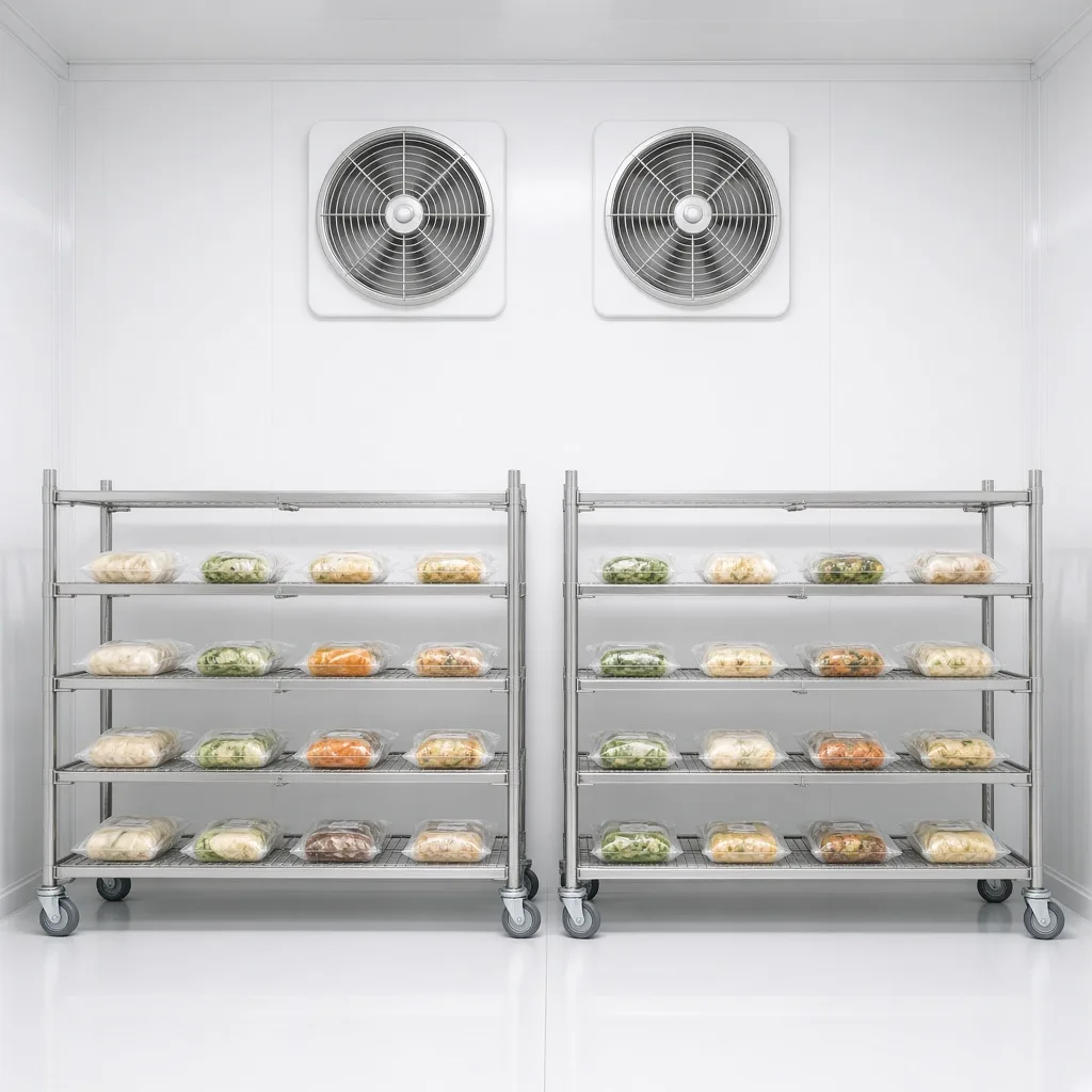 Bright blast freezer with packaged food spaced on racks under circulation fans