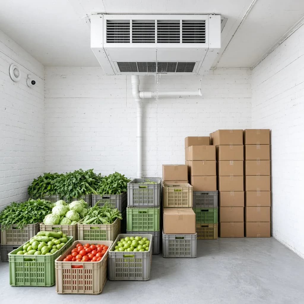 Bright chilled room with food crates, beverage cartons and a ceiling evaporator