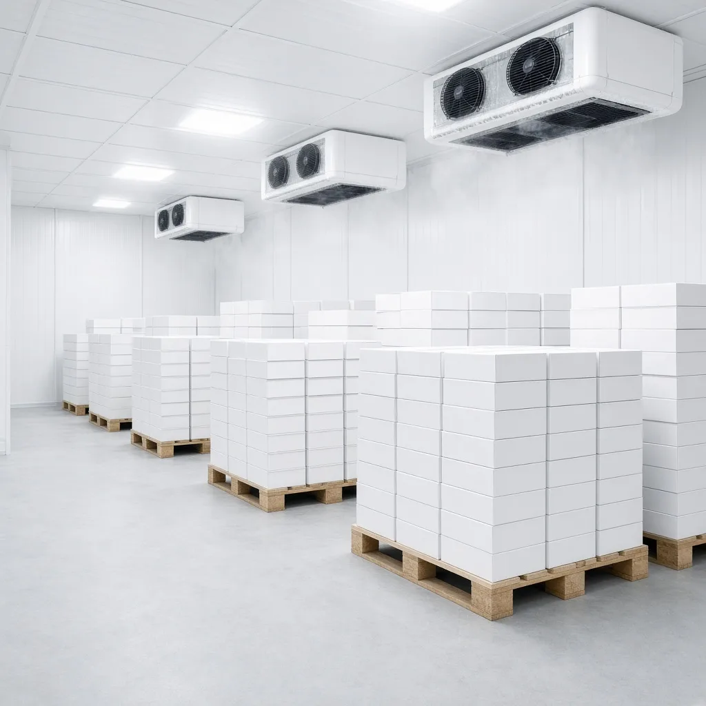 Bright freezer room with palletized frozen food cartons