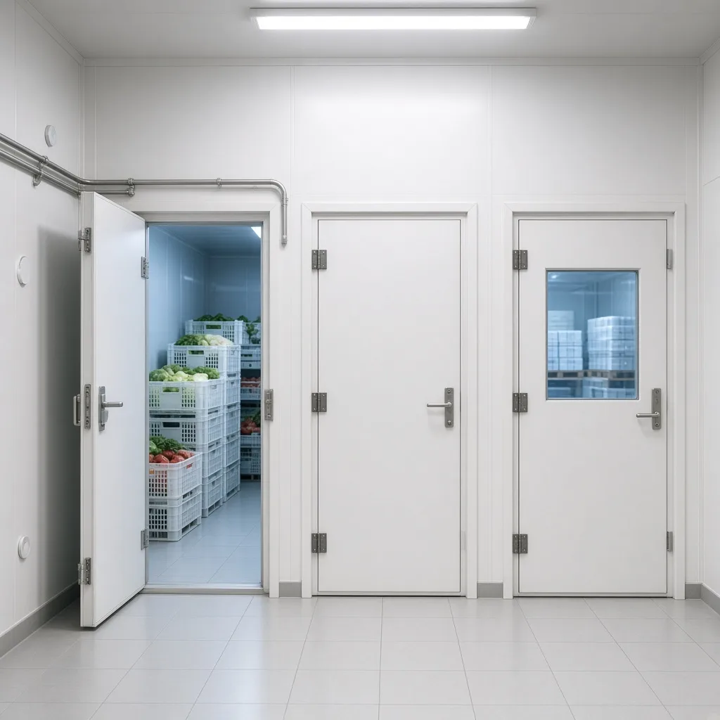 Bright corridor with several cold room doors opening onto different food storage rooms