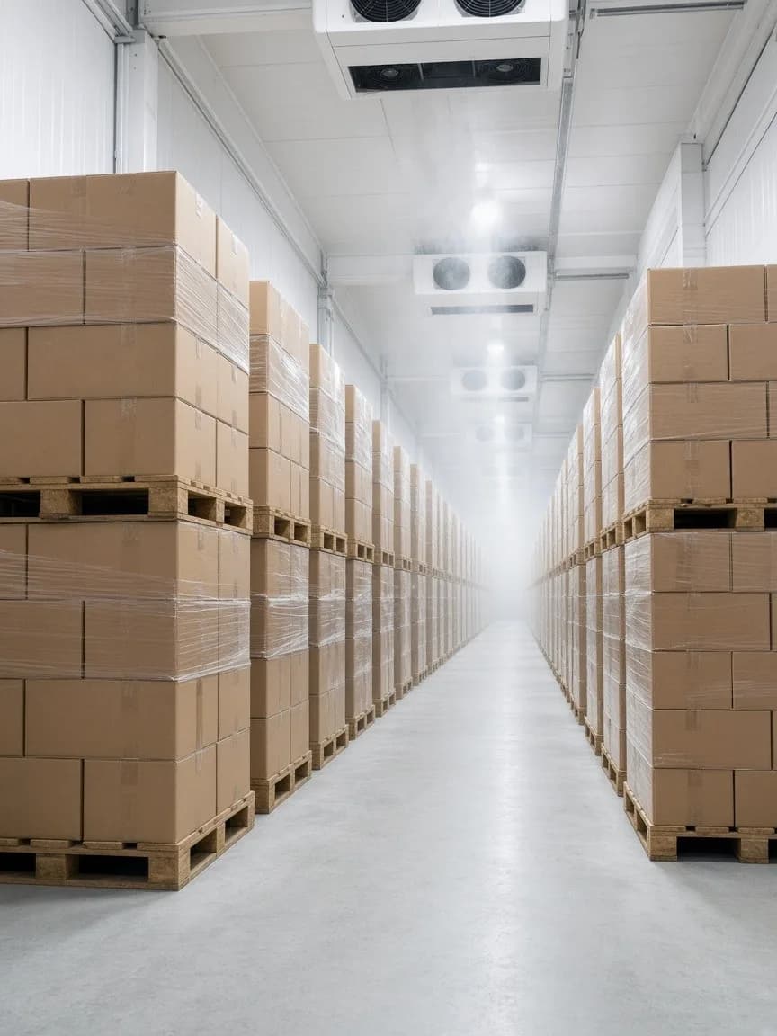 Tall bright freezer aisle with gaps between pallet loads and evaporators overhead