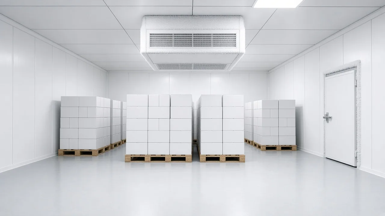 Bright freezer interior with a frosted ceiling evaporator above pallets of frozen cartons