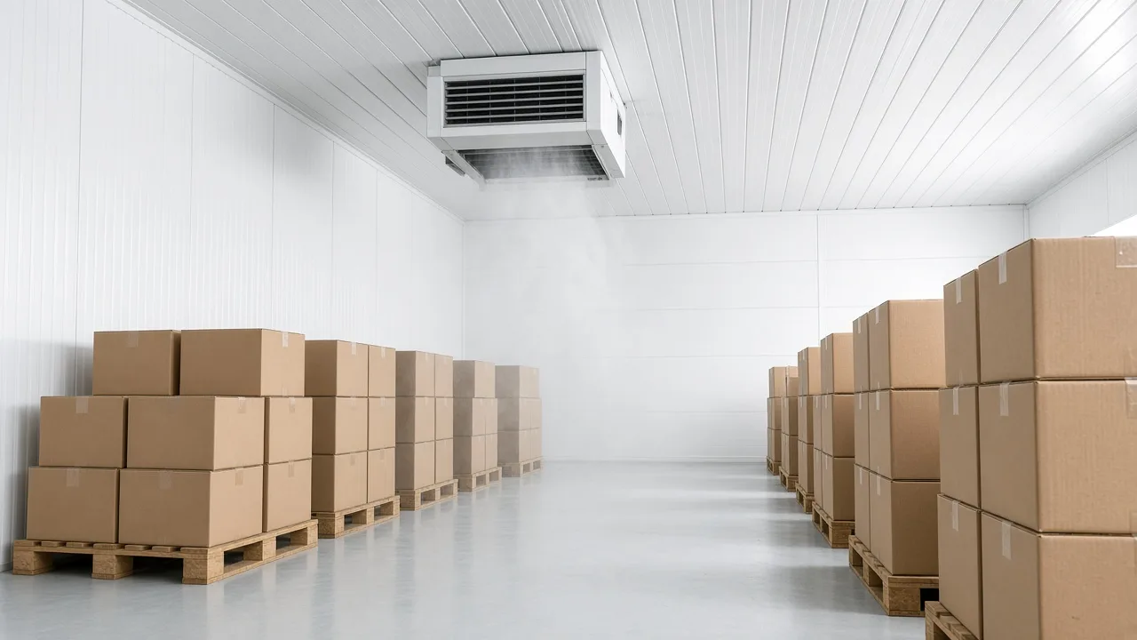 Bright frozen storage room with insulated panels, airflow and palletized product