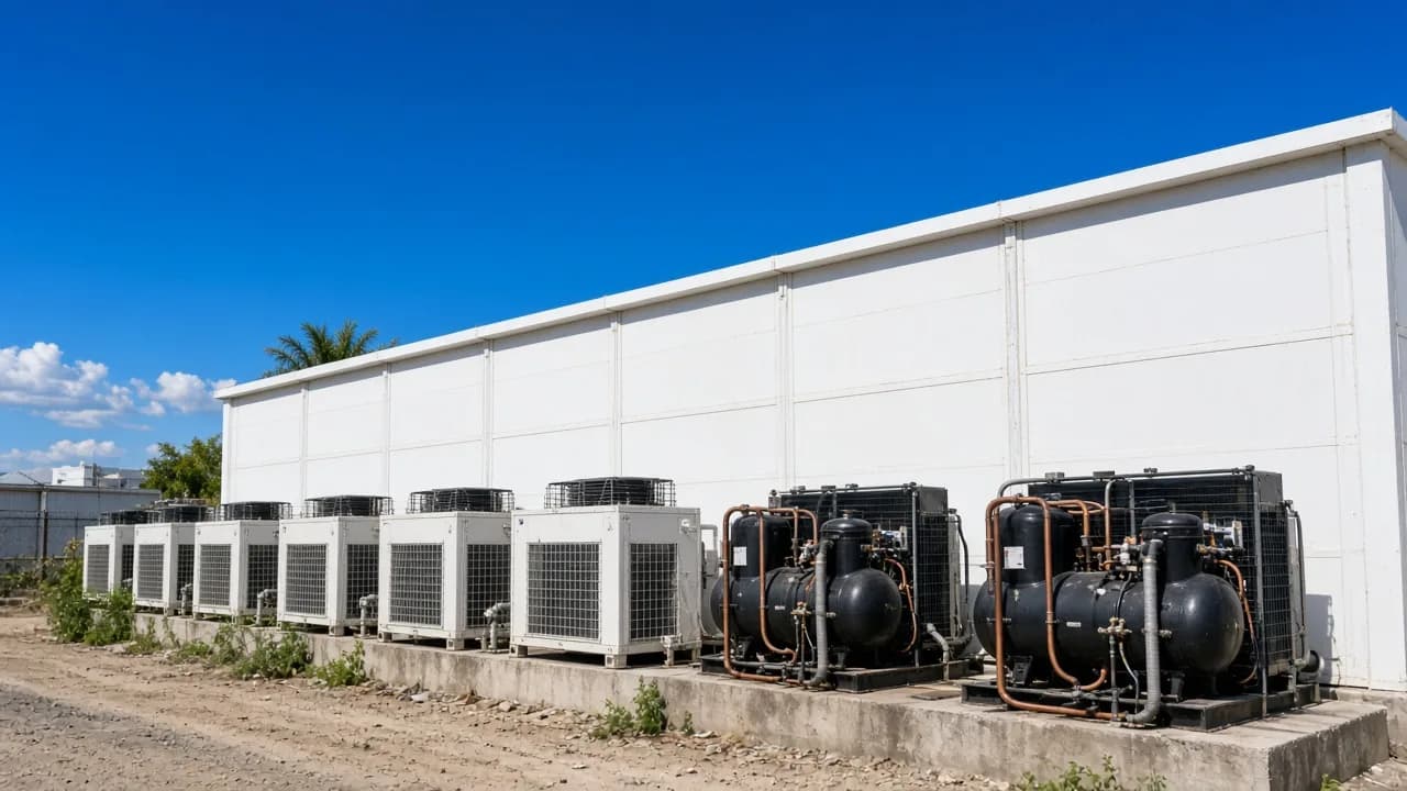 Outdoor refrigeration plant beside a cold room under a bright hot Indian sky