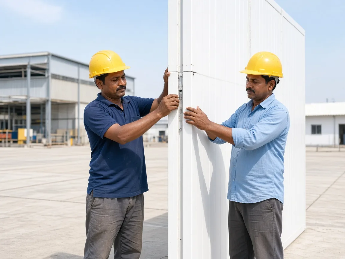 Workers locking bright white insulated panels together in a factory yard