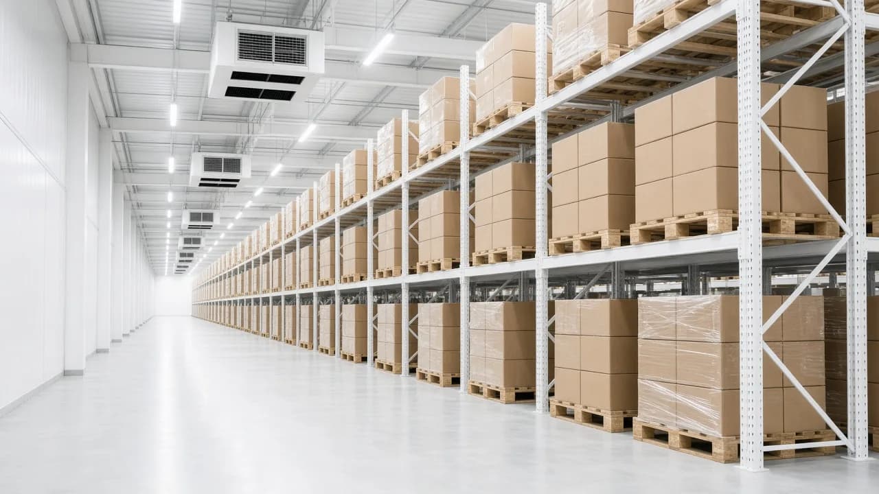 Bright pallet aisle of sealed cartons in a modern Indian frozen food warehouse, with ceiling evaporators