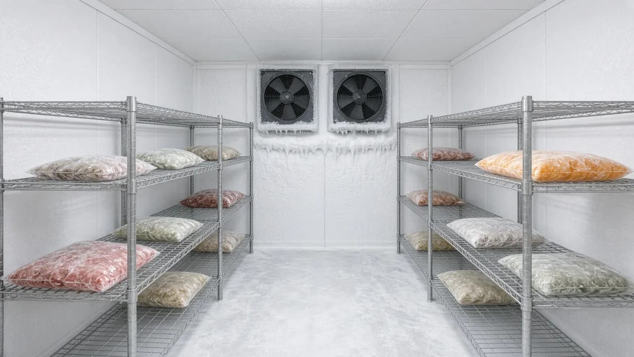 Bright blast freezer interior with spaced food packs on racks and strong circulation fans