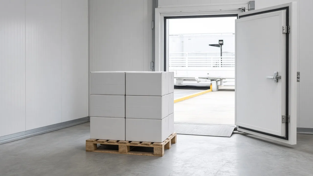 Bright dispatch zone with palletized frozen cartons staged beside a freezer door