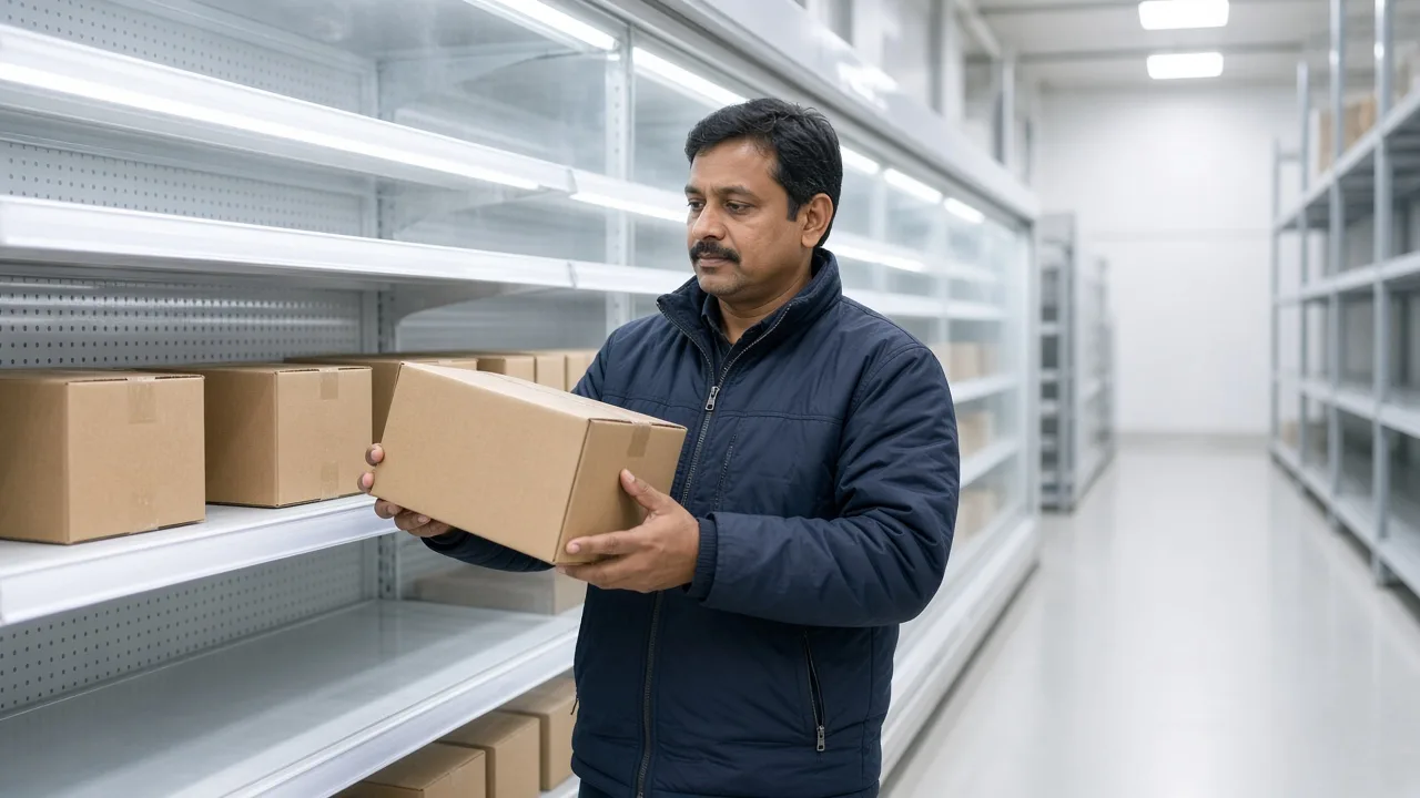 Worker picking sealed cartons from a bright freezer rack beside a clear aisle