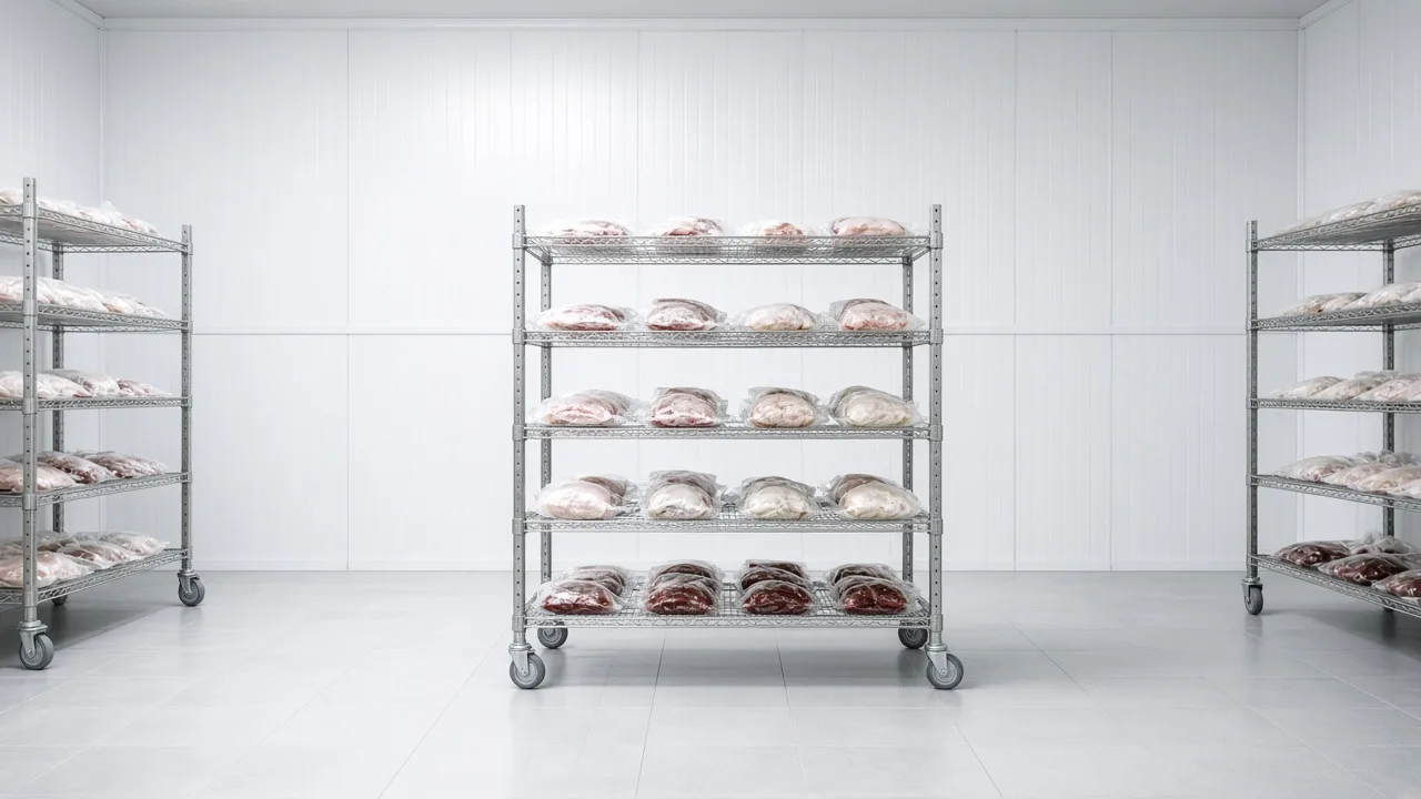 Bright chill room with packaged food on open racks before freezing