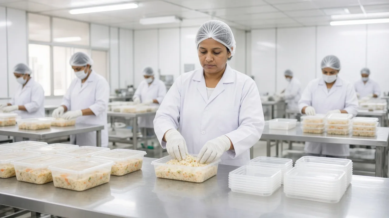 Bright food processing room with packaged prepared meals on stainless steel tables