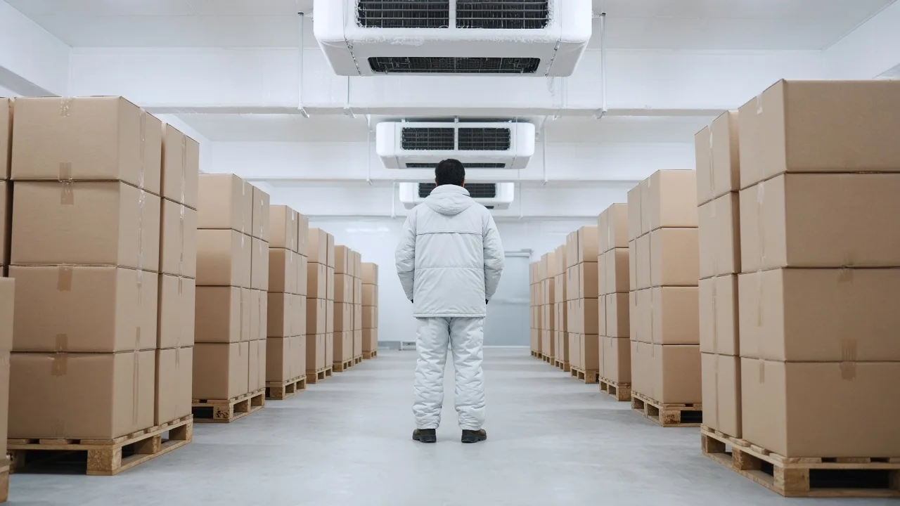 Bright frozen storage aisle with sealed cartons on pallets under white evaporators