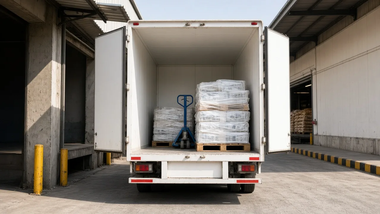 White refrigerated truck backed to a bright loading dock with frozen pallets ready to load