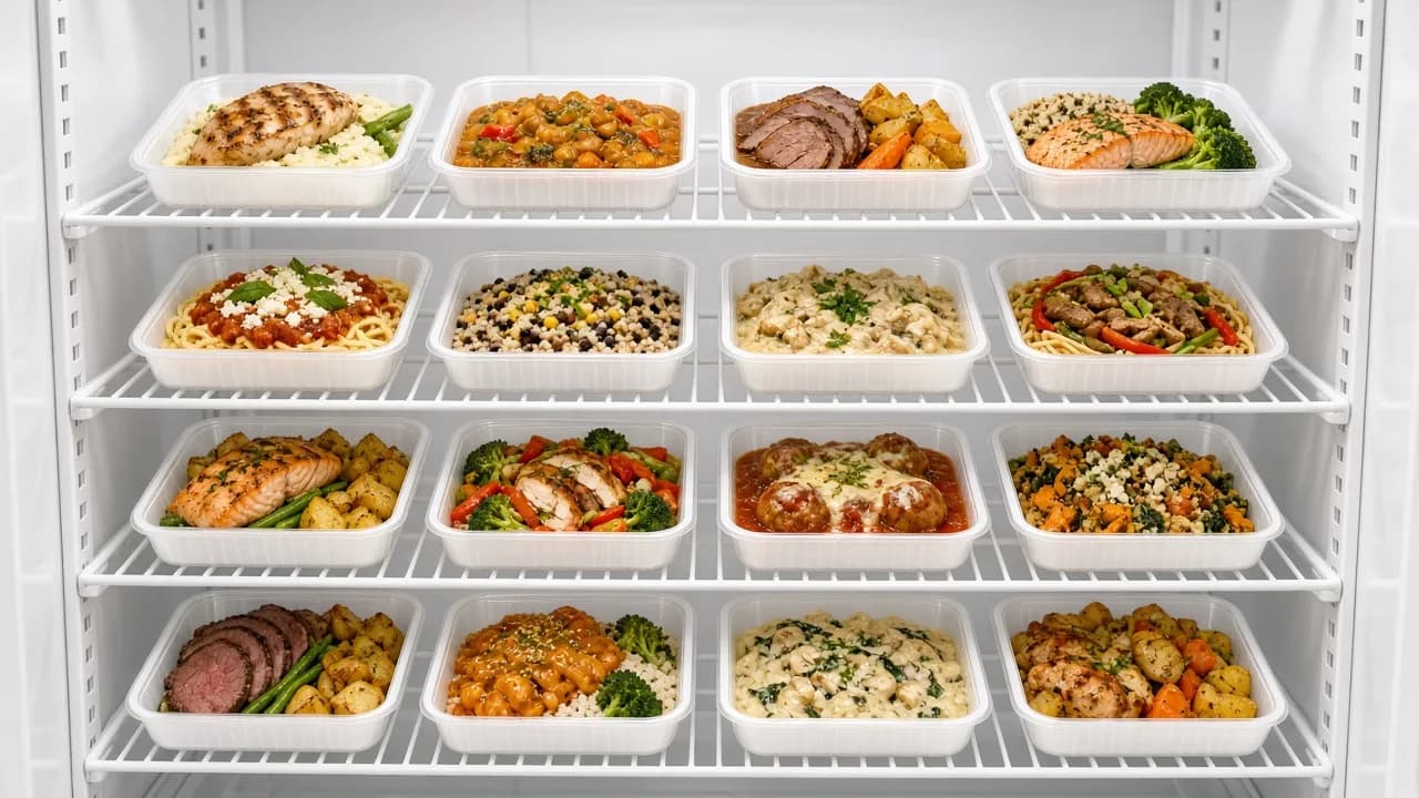 Packaged ready to eat meals arranged on racks inside a bright freezer