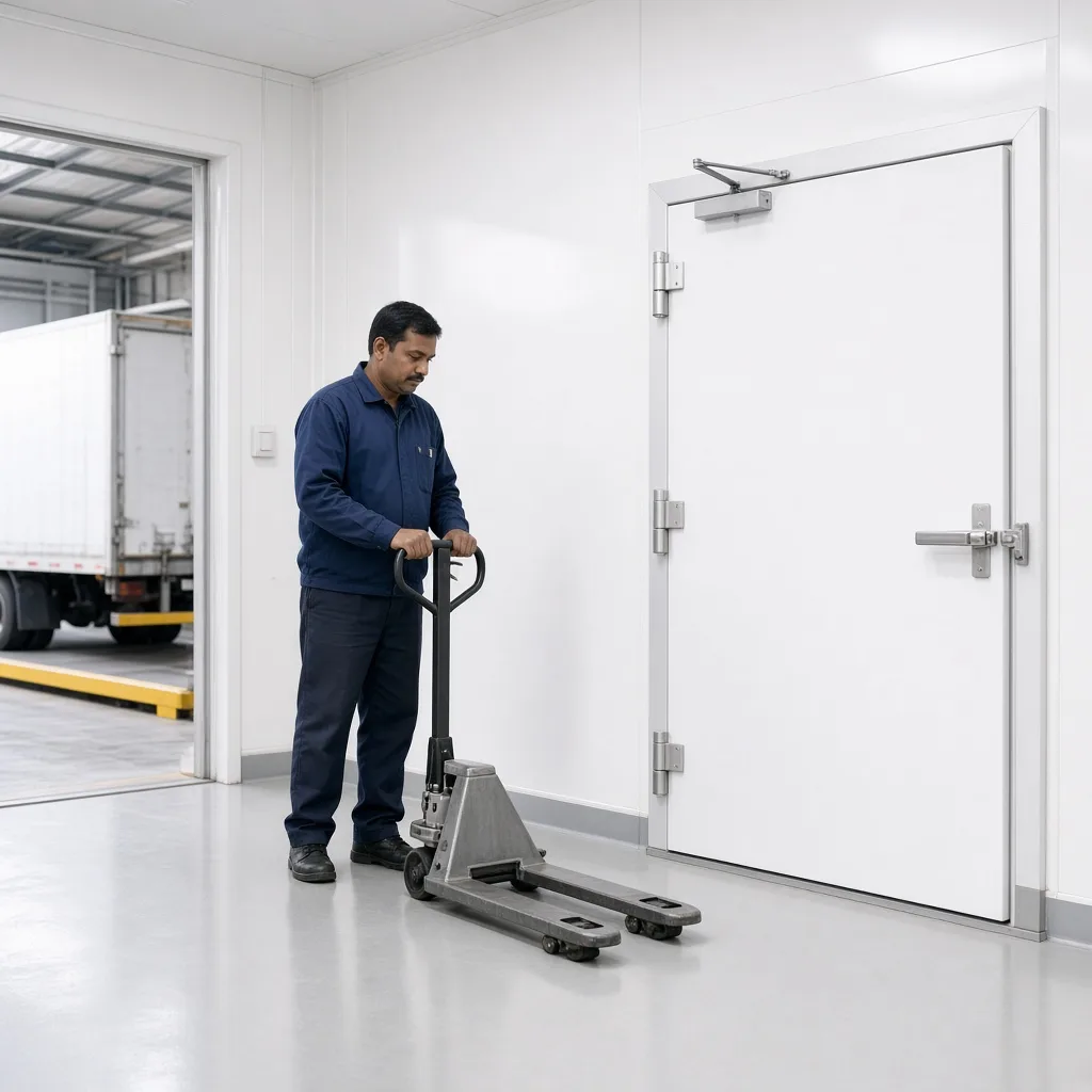 Bright ante room between a loading area and a heavy white freezer door