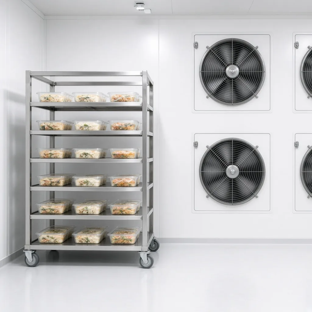 Bright blast freezer with packaged food spaced on mobile racks under circulation fans