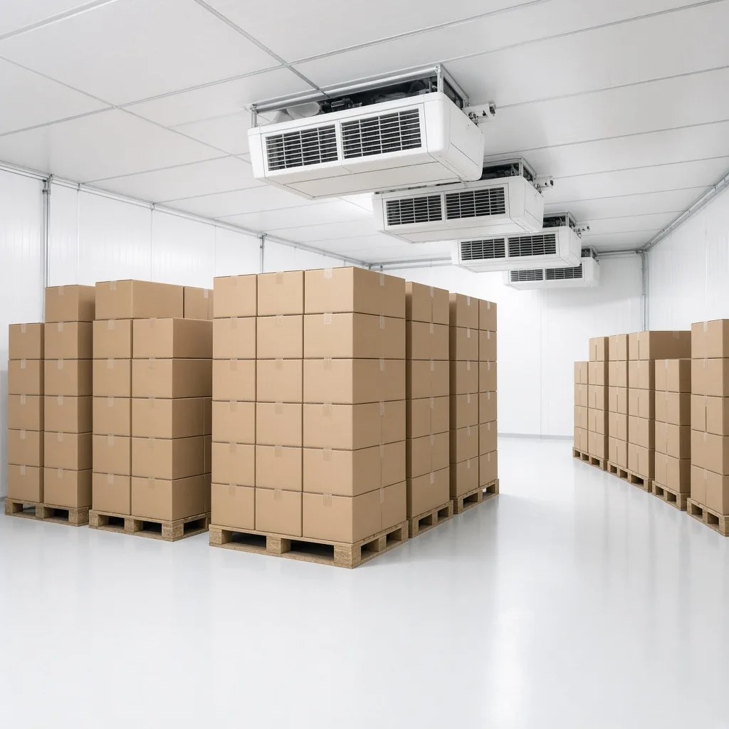 Bright freezer room with rows of palletized frozen cartons and ceiling evaporators