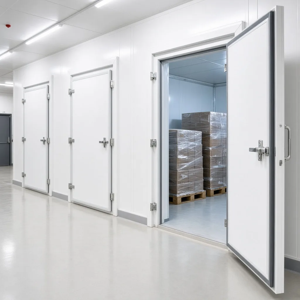 Bright corridor with several white cold room doors, one chamber open onto frozen pallets