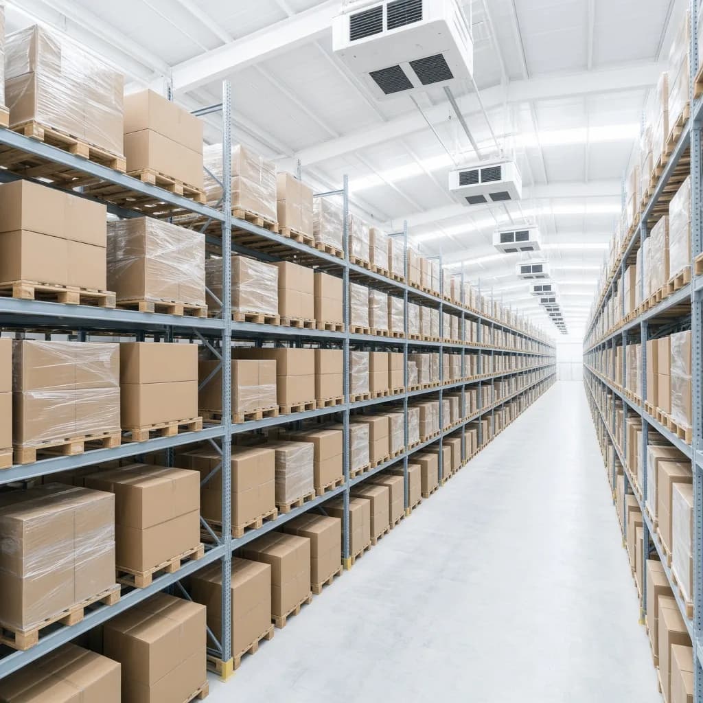 Bright high bay frozen warehouse with tall pallet racking and a wide working aisle