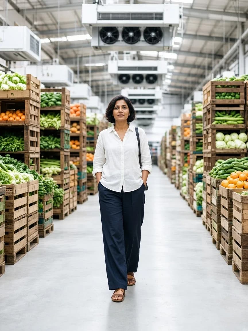 A worker walking a tall bright aisle with gaps between stacked produce crates