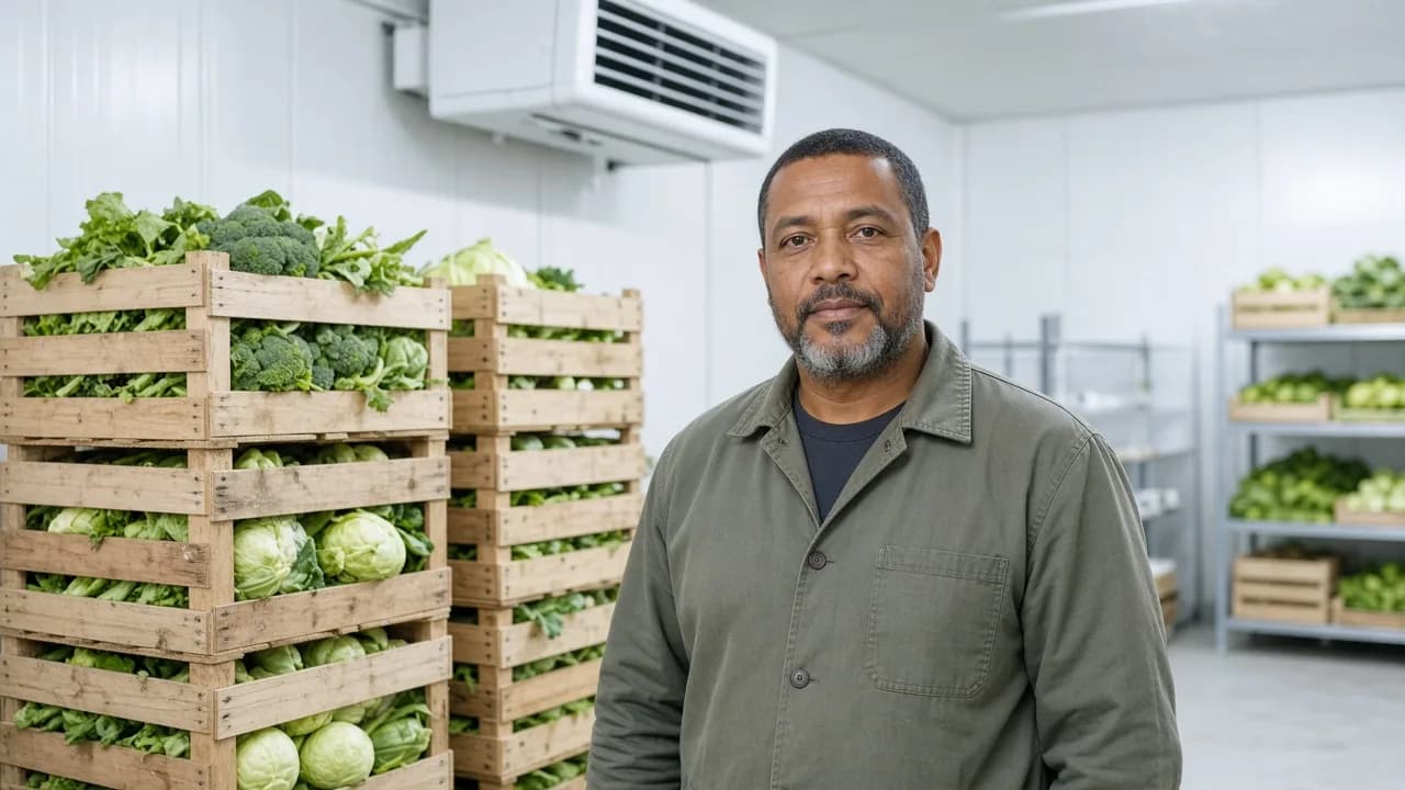 A produce worker beside stacked vegetable crates under a ceiling evaporator in a bright cold room