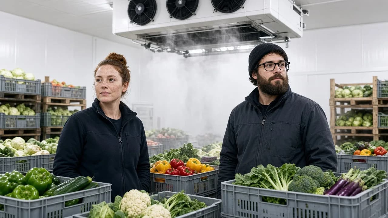 Workers among crates of produce inside a bright chilled storage room