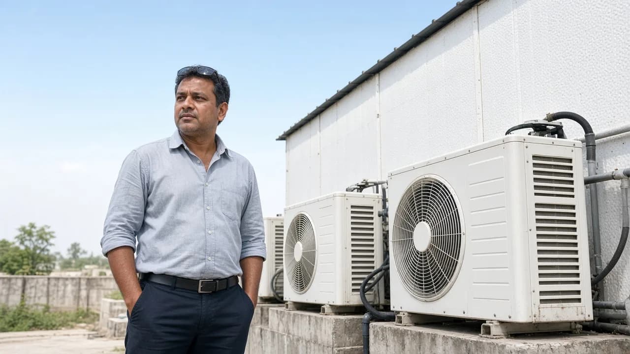 An engineer beside outdoor refrigeration plant at a produce facility under a bright hot sky