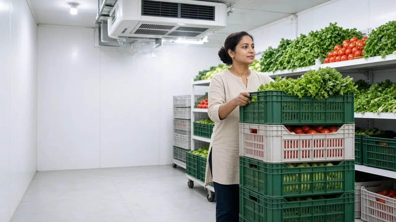 Workers moving crates of fresh vegetables through a bright Indian produce cold room