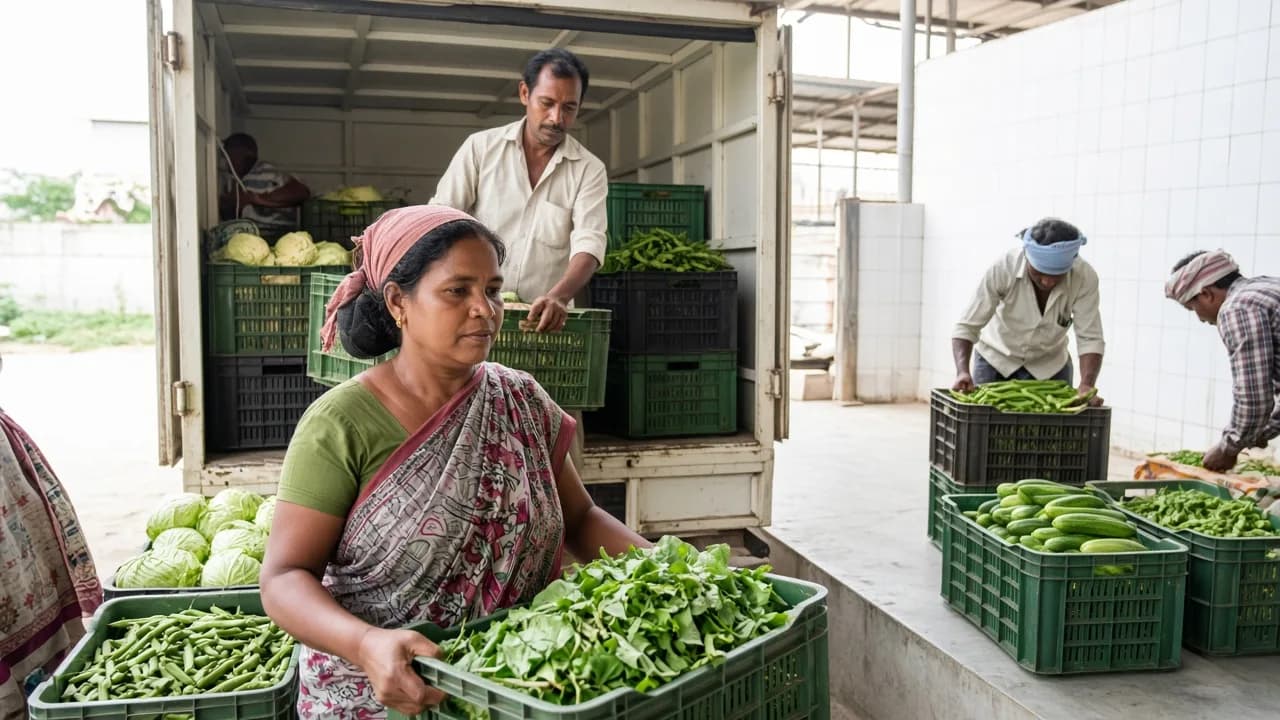 Farm workers unloading crates of fresh vegetables at a bright receiving dock