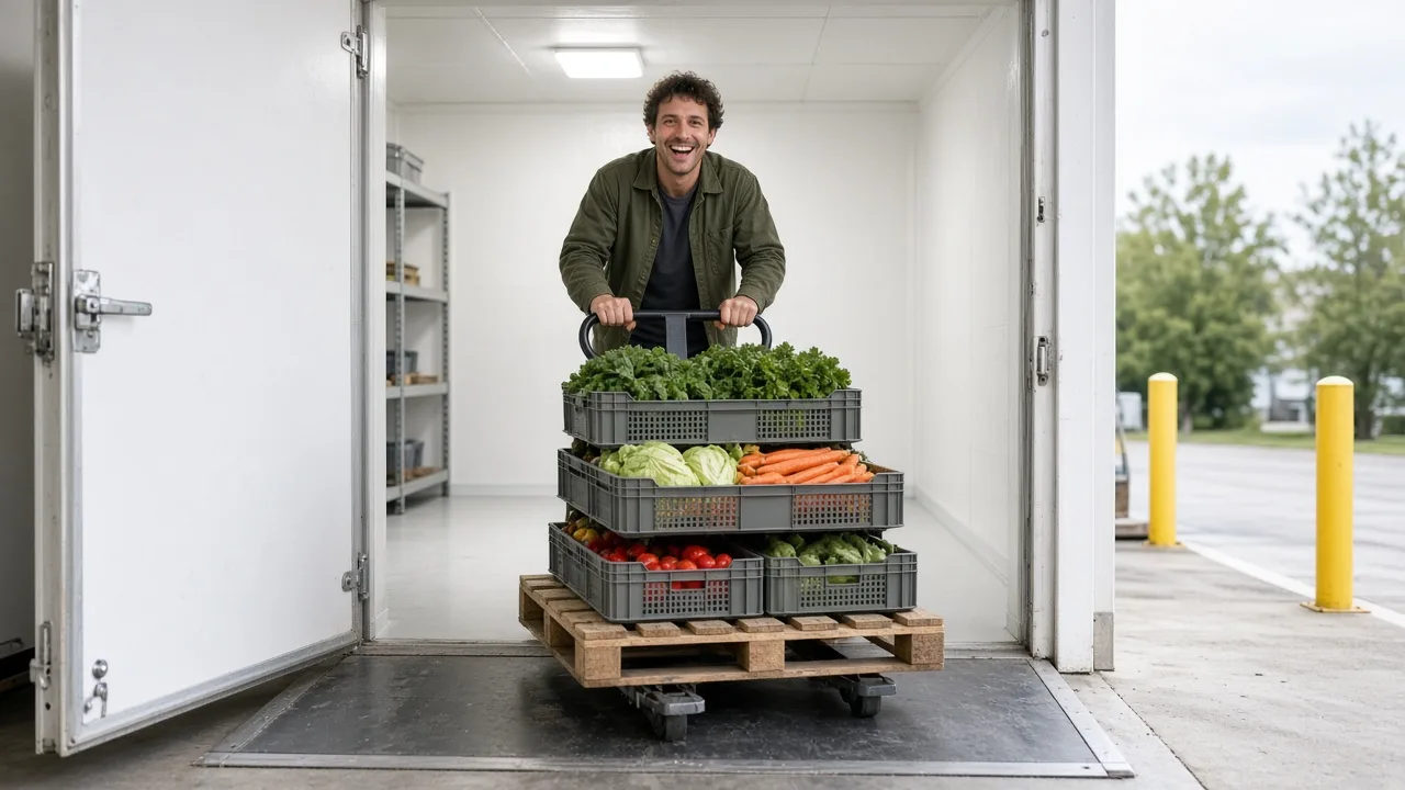 A worker moving a pallet of vegetable crates through a cold room door toward dispatch
