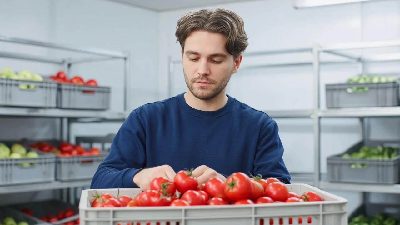 A picker selecting vegetables from crates in a bright produce cold room