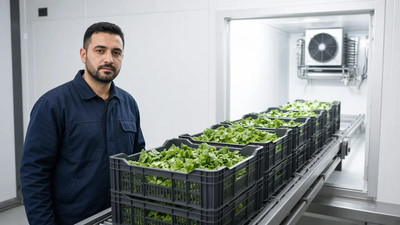 A technician beside crates of warm produce entering a bright pre cooling room