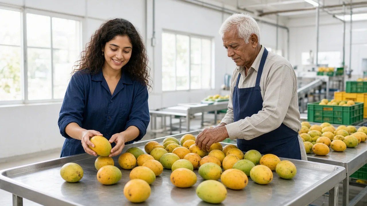 Workers sorting and grading fresh fruit on a bright pack house table